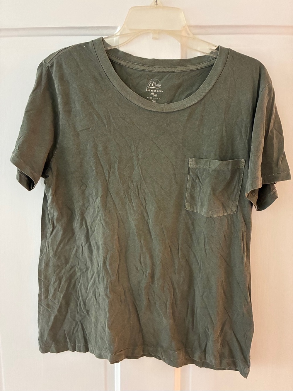 J.Crew Garment-Dyed Olive Green Pocket Tee Made in USA M